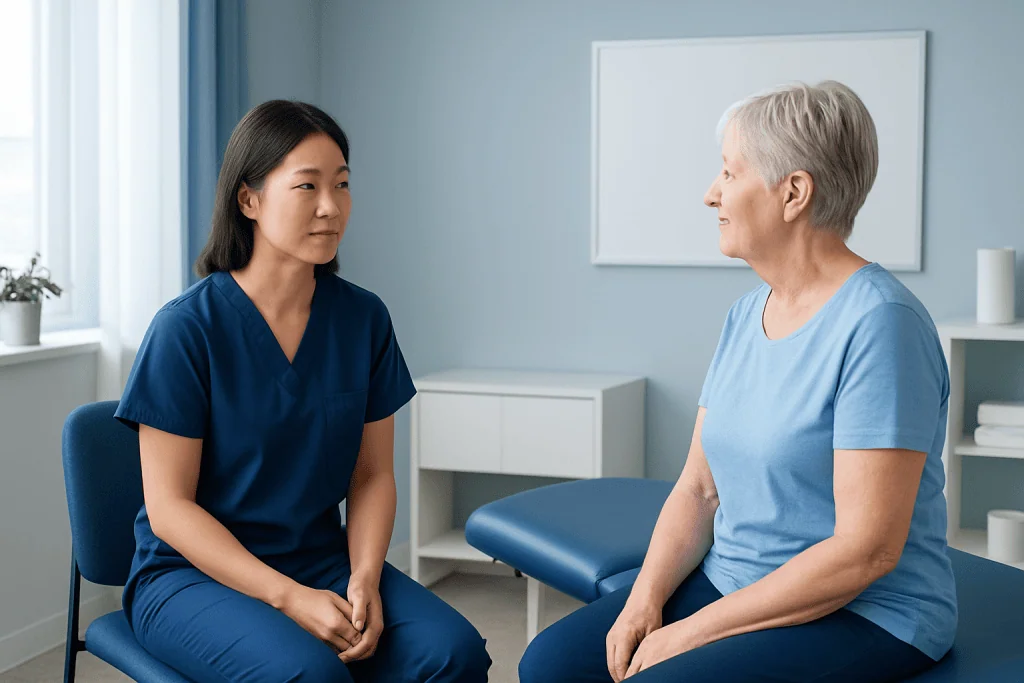 Physical therapist consulting with an elderly patient in a clinical setting.