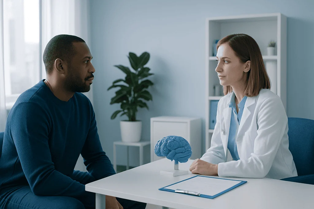 Doctor discussing brain injury rehabilitation with patient in a clinical setting.
