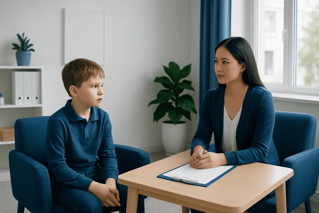 Child in therapy session with occupational therapist at clinic.