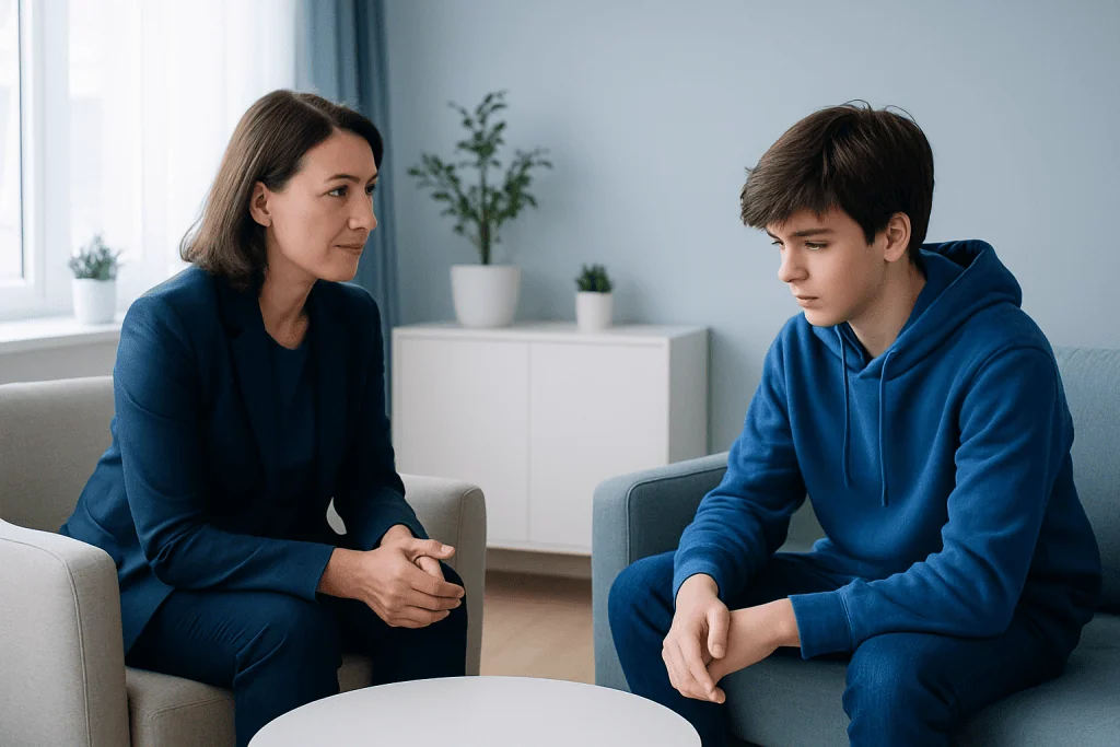 Therapist and teen in counseling session at Acibadem Hospitals Group.