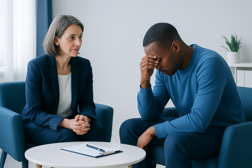 Counselor listening to a distressed man during therapy session at Acibadem Hospitals.