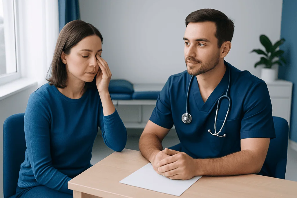 Doctor consulting with a woman patient about eye twitching symptoms.