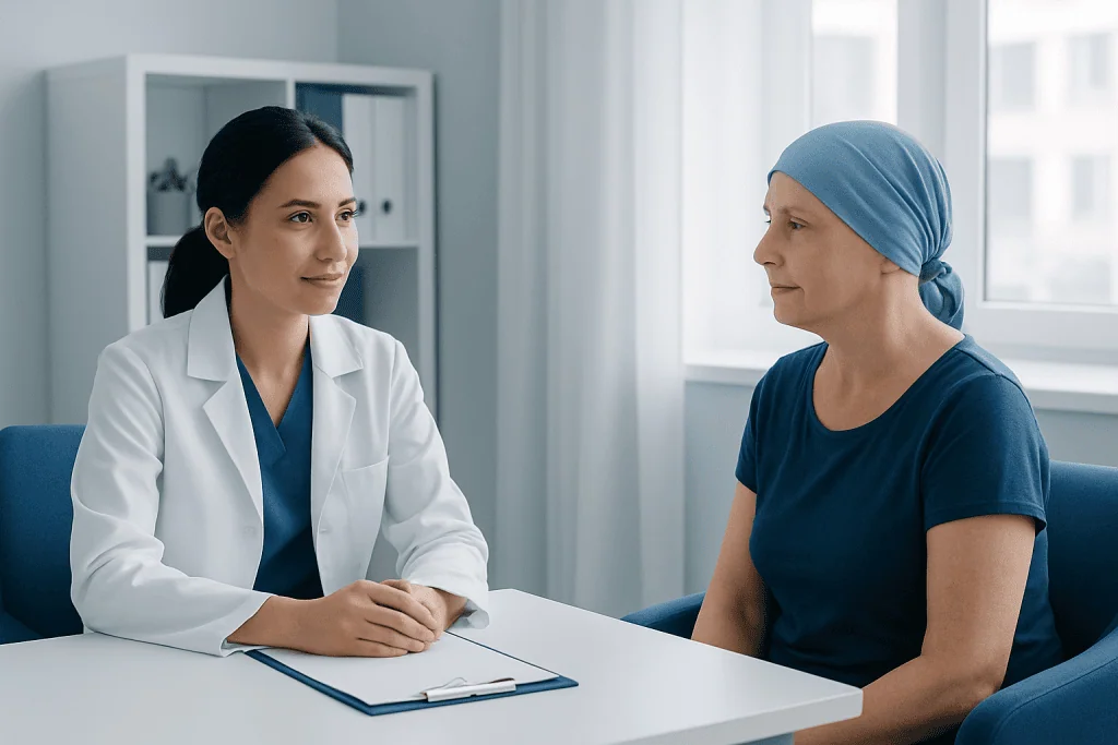 Doctor consulting cancer patient in a hospital setting.