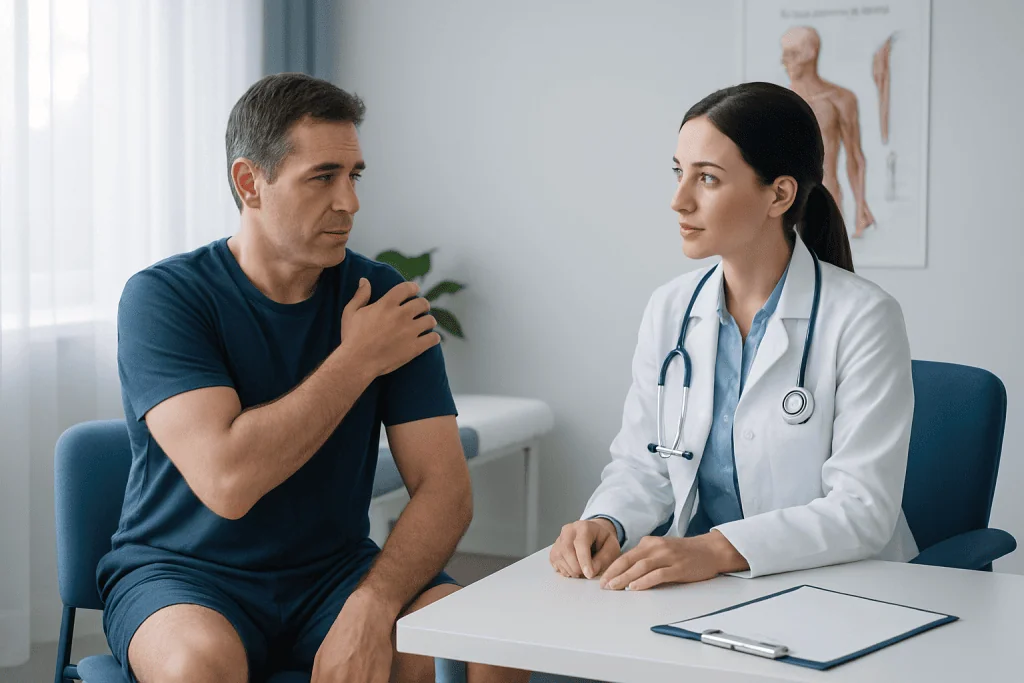 Doctor consulting with a patient about shoulder pain in a medical office.