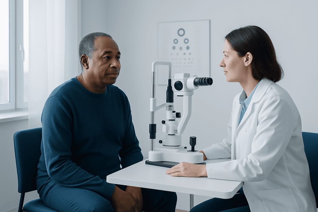 Doctor examining patient with slit lamp in a medical consultation room.