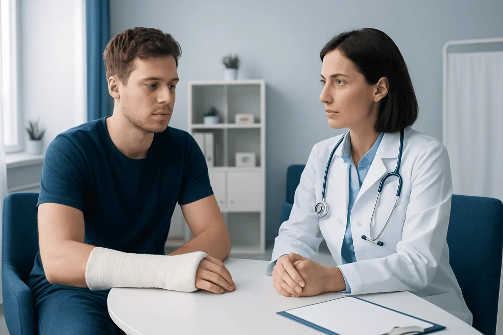 Doctor consulting with a patient with a cast on his arm in a medical office.
