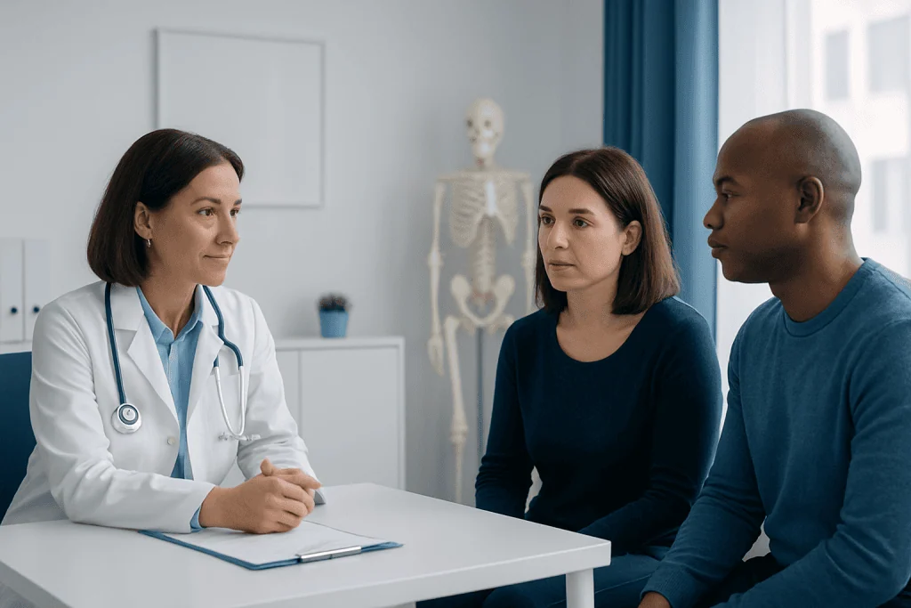 Doctor consulting with two patients in a medical office setting.