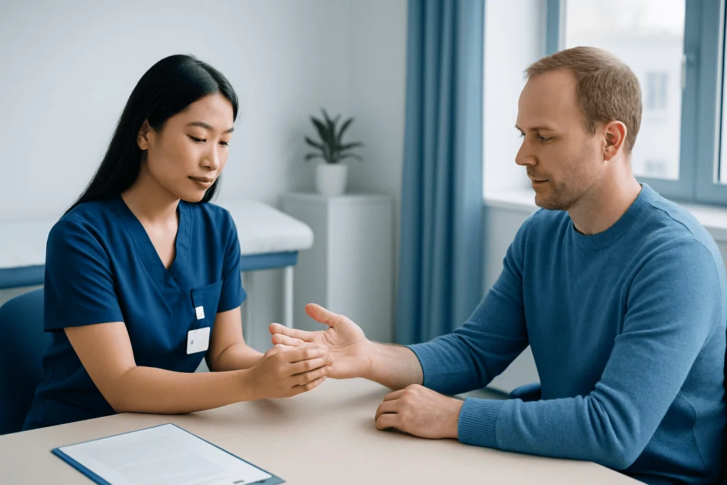 Physical therapy session for hand rehabilitation at a clinic.