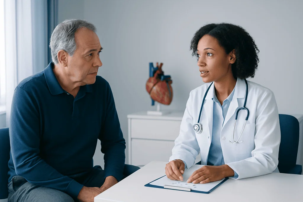 Doctor consulting with a patient about heart health in a clinic setting.