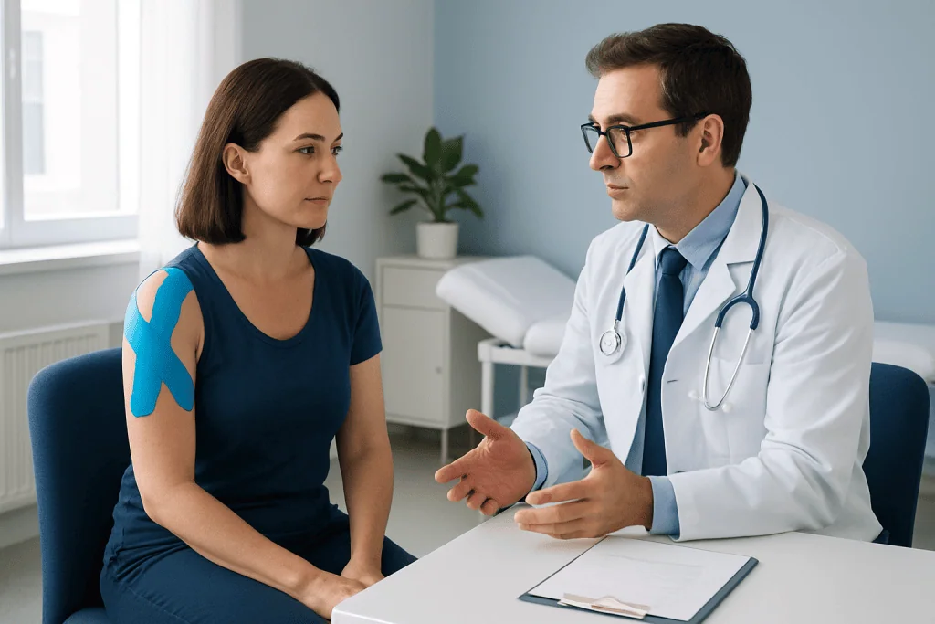 Doctor explaining shoulder injury to patient with rotator cuff tape.