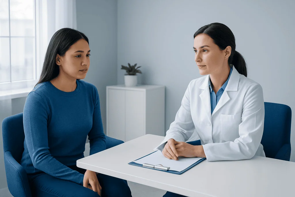 Doctor consulting a patient in a modern clinic setting.