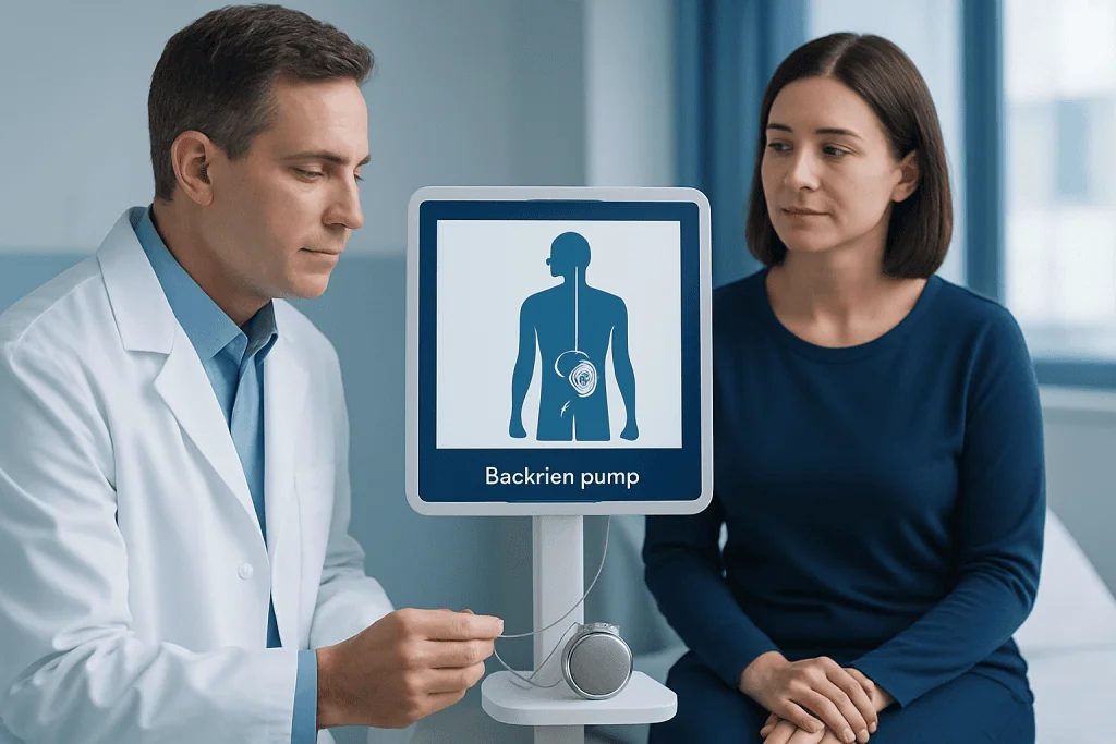 Doctor explains Baclofen pump to patient in a medical setting.