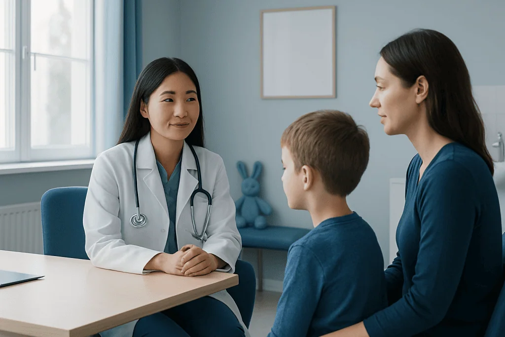 Pediatric consultation at Acibadem Hospital with doctor and young patient.