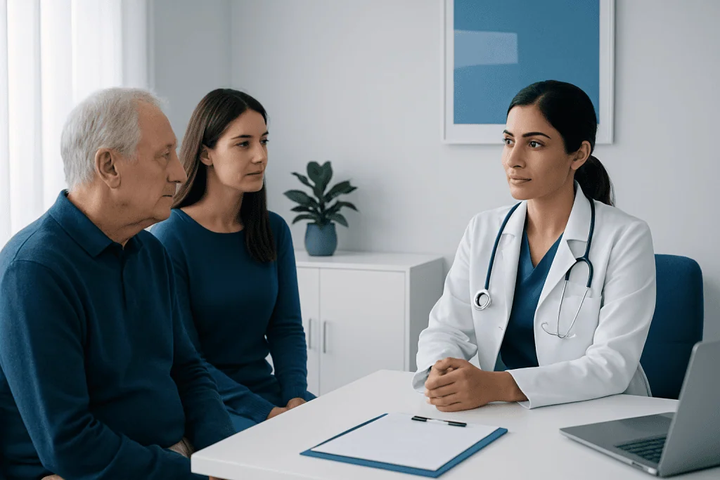 Doctor consulting with elderly patient and caregiver in a medical office.