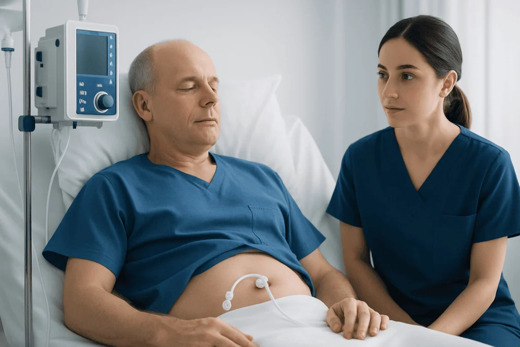 Patient in hospital bed with medical staff during gastrostomy procedure.