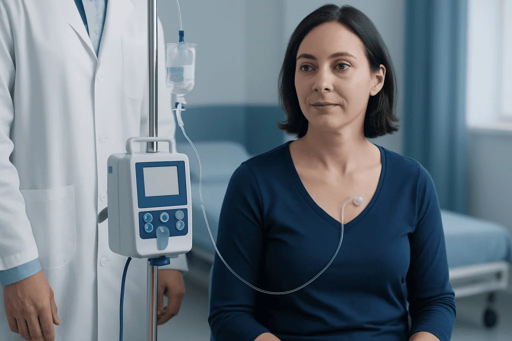 Patient with port catheter in hospital room for treatment or check-up.