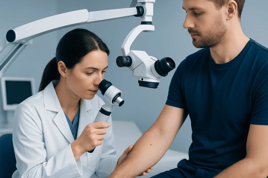 Dermatologist examines skin using a microscope for skin cancer screening.