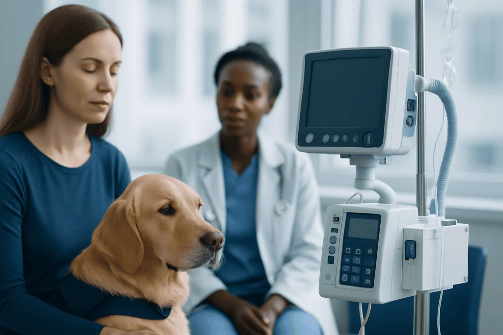 Woman and veterinarian with a therapy dog in a veterinary clinic.