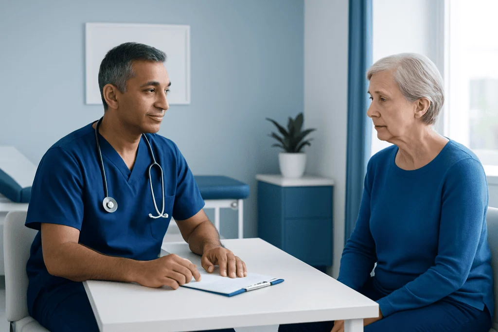 Doctor consulting with elderly patient in a medical office.