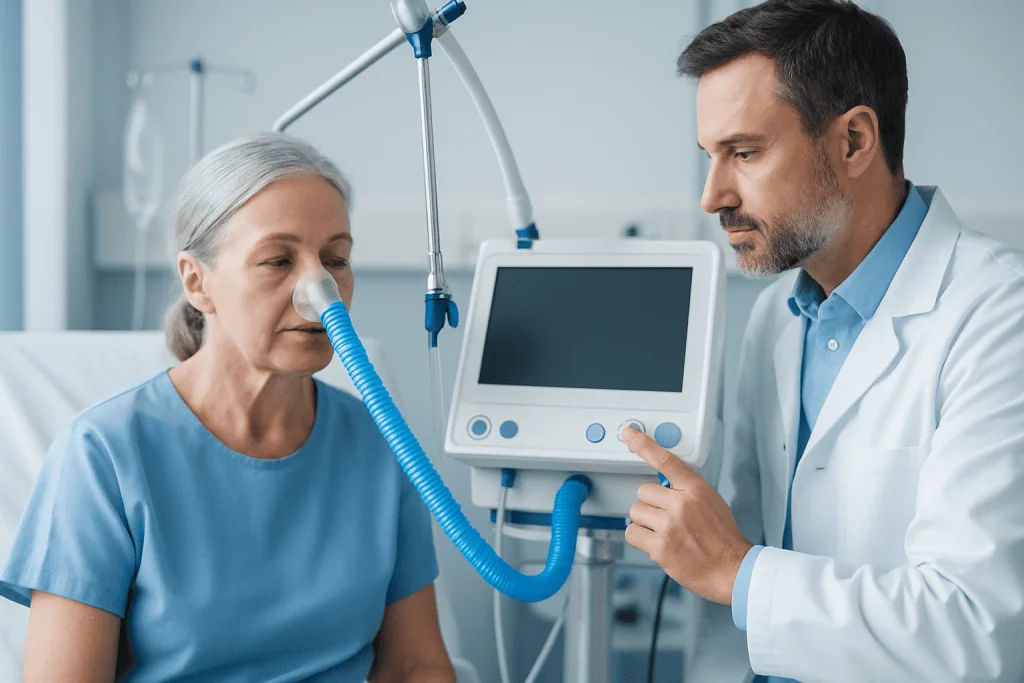 Doctor consulting with elderly patient in hospital room with medical equipment.