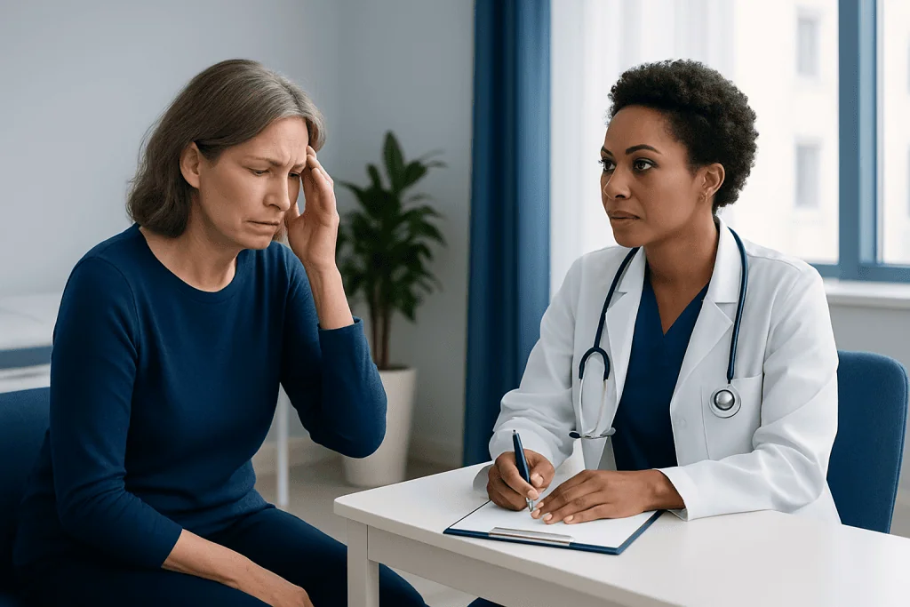 Doctor consulting with a woman patient about migraine symptoms in a clinic.