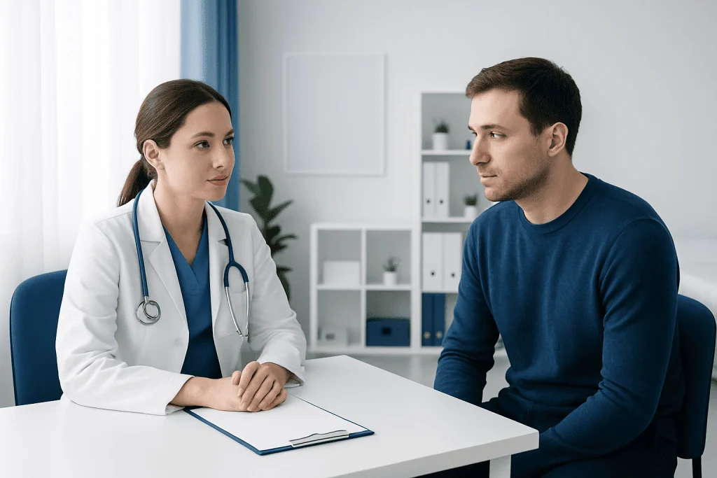 Doctor consulting with patient in a medical office setting.