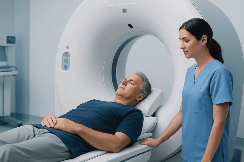 Patient undergoing a CT scan in a medical imaging room at Acibadem Hospitals.