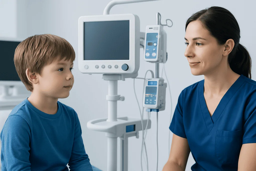 Pediatric consultation in a hospital with medical equipment in the background.