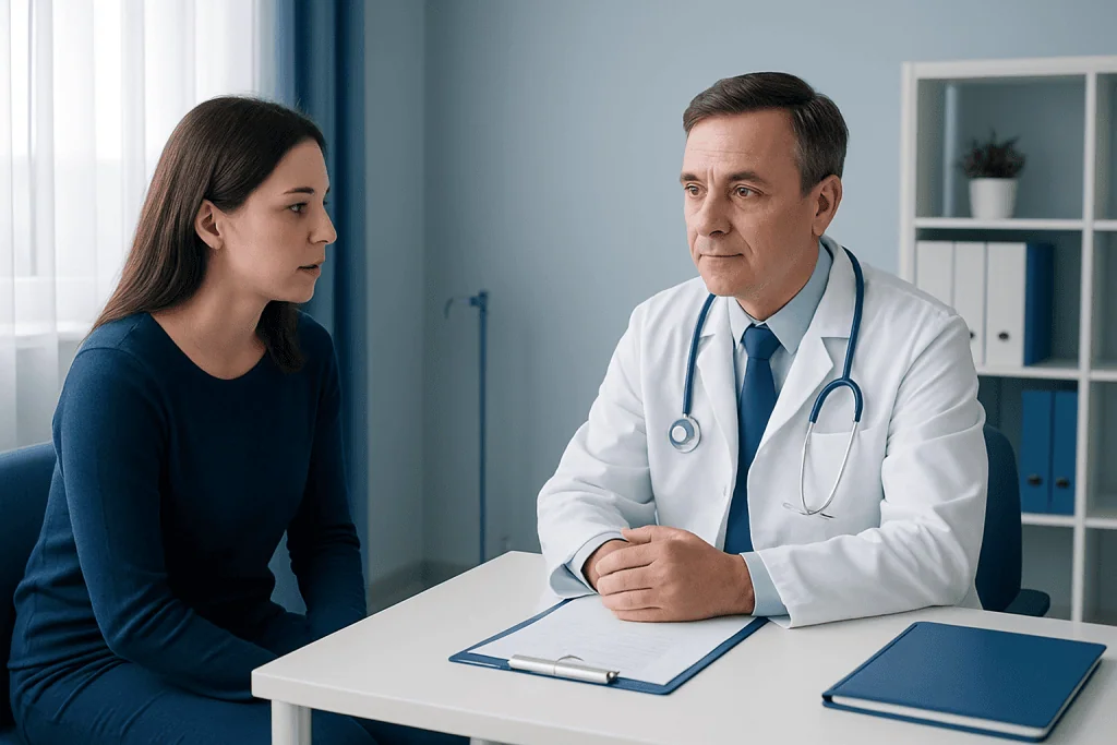 Doctor consulting with a young female patient in a medical office.