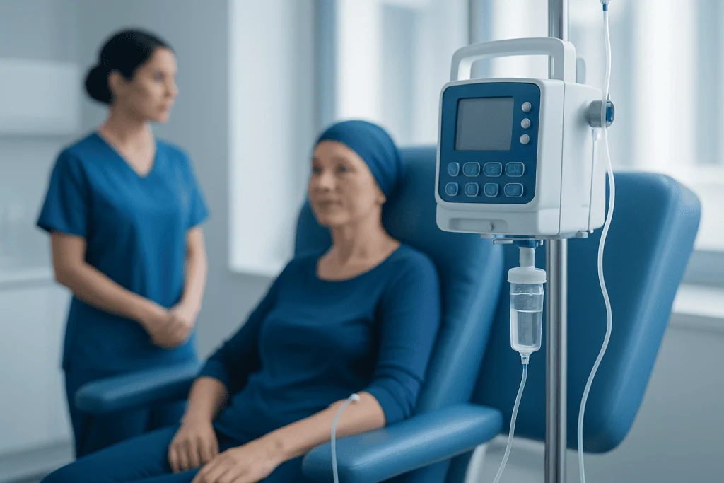 Patient receiving chemotherapy treatment in a hospital setting.