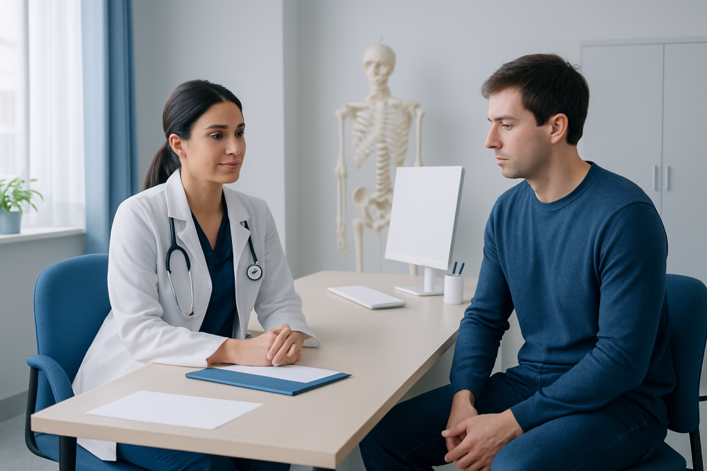 Doctor consulting patient in a medical office with skeleton model in background.