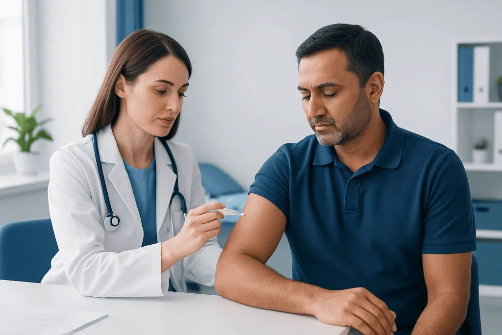 Doctor administering hepatitis A vaccine to a patient in a clinic setting.