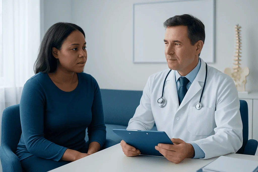 Doctor consulting with a patient in a modern hospital setting.