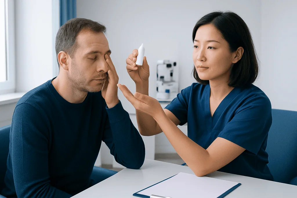 Doctor applying eye drops to patient with chalazion in clinic.