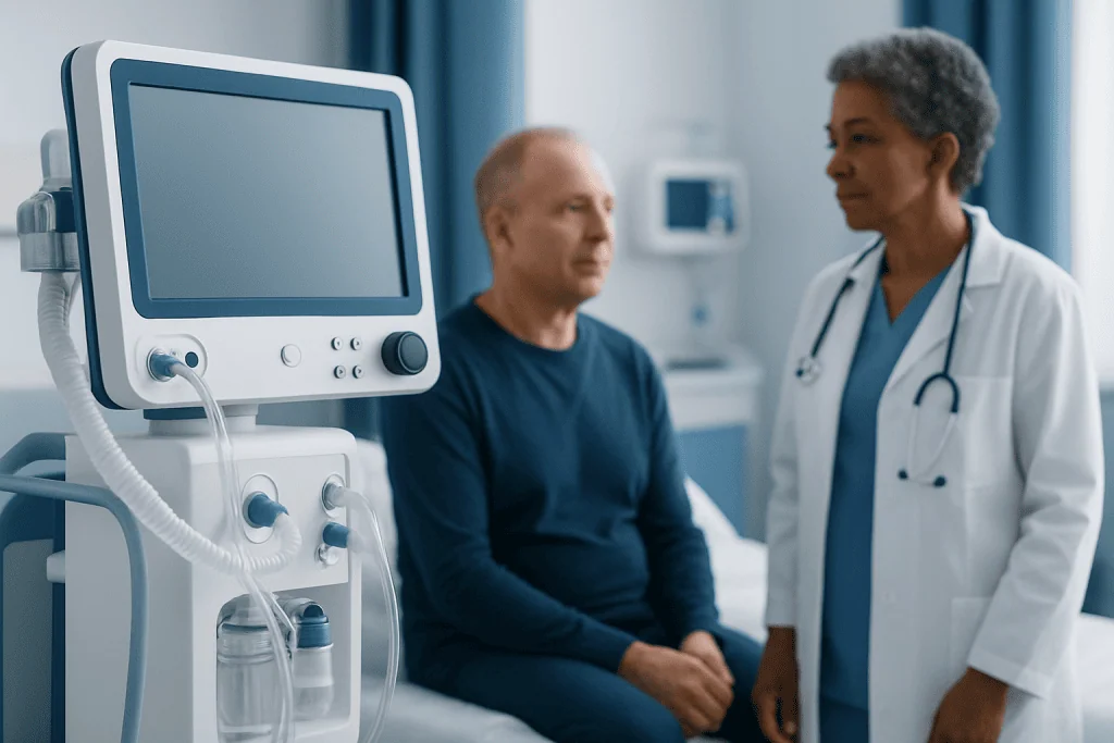 Doctor consulting a patient in a hospital room with medical equipment nearby.