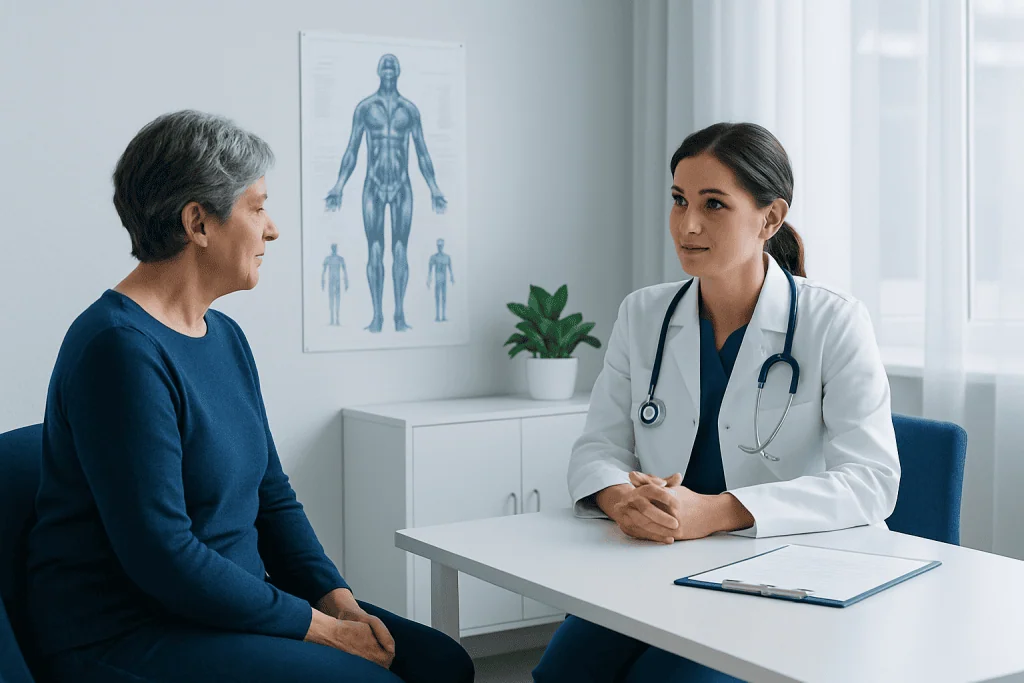Doctor consulting with an elderly patient in a medical office.