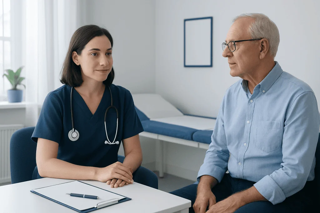 Doctor consulting with an elderly male patient in a medical office.