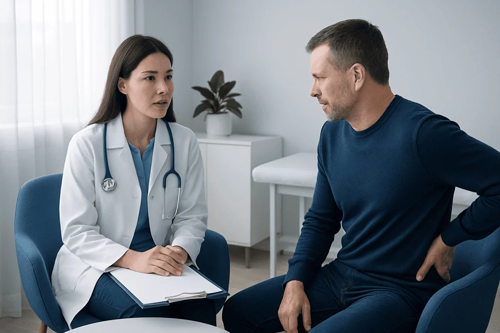 Doctor consulting with male patient in a medical office.