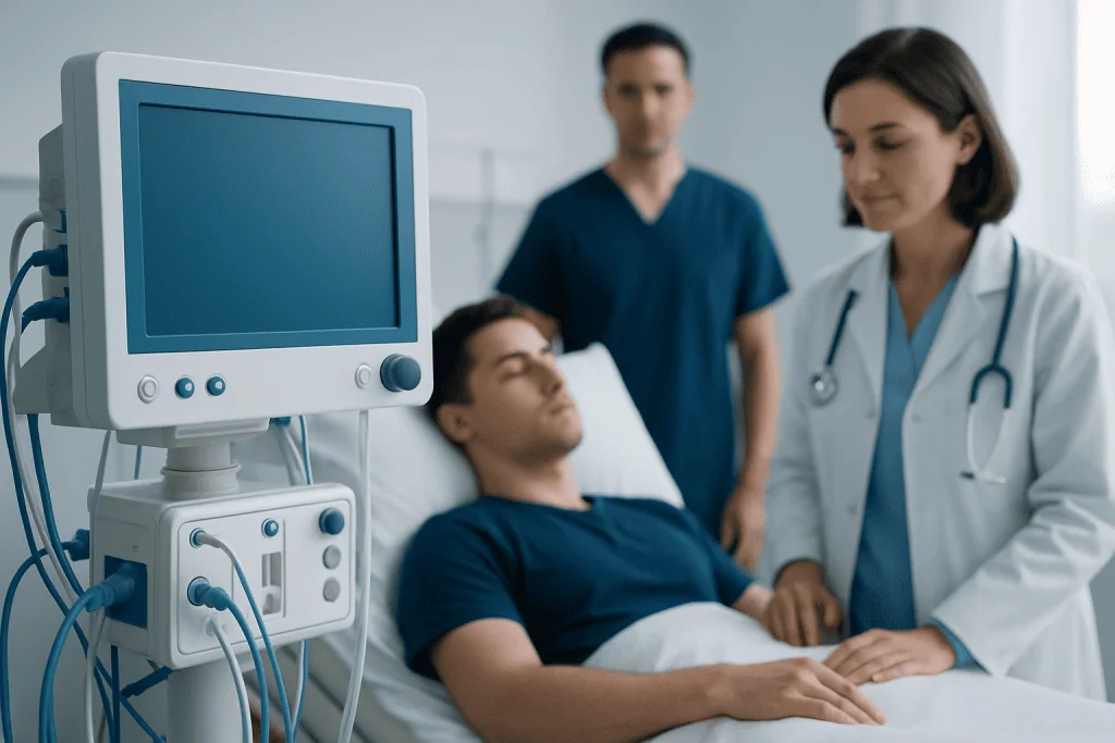 Medical team monitoring patient during treatment at Acibadem Hospital.