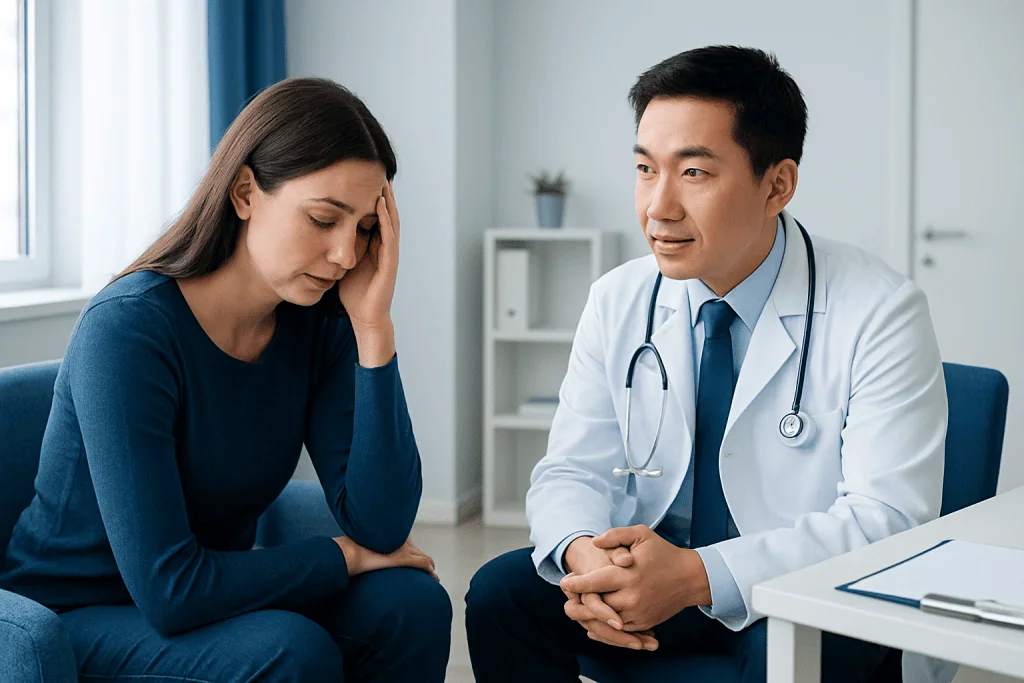Doctor consulting with a patient experiencing sleep issues in a clinic setting.