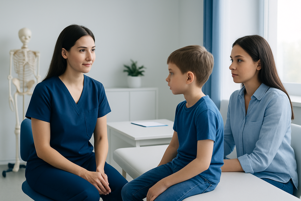 Pediatric physical therapy consultation with healthcare professionals and young patient.