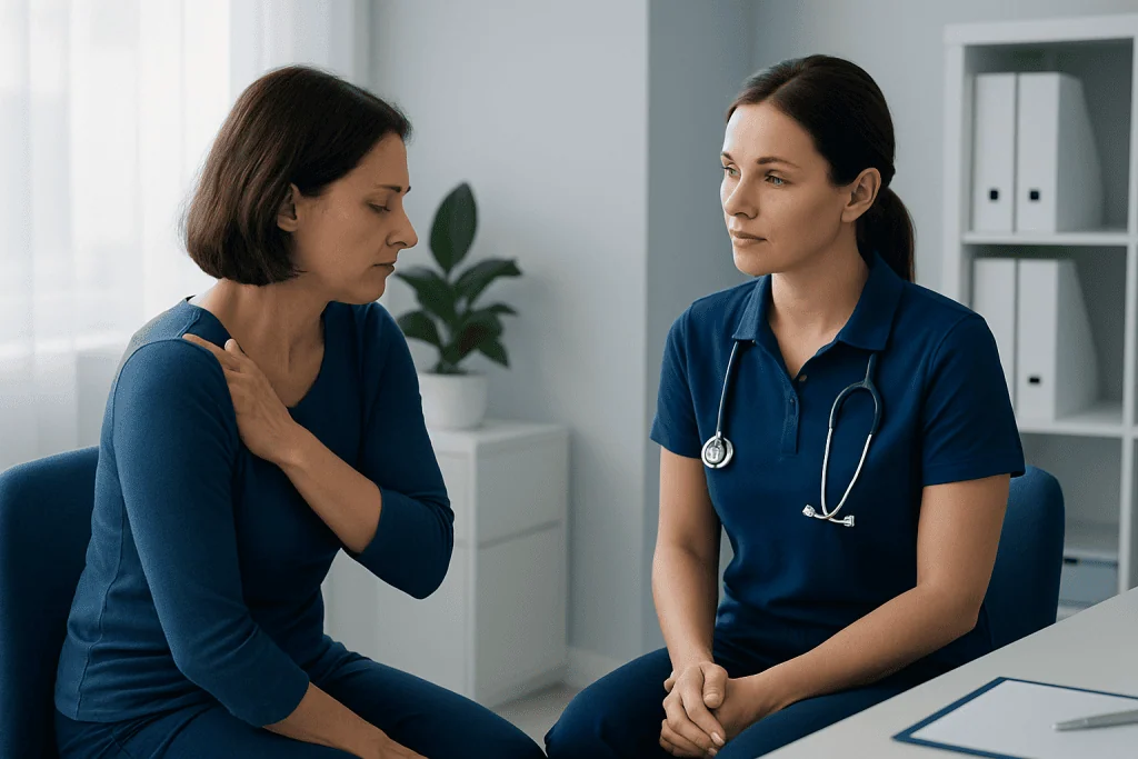 Doctor examining a woman with shoulder pain in a clinical setting.