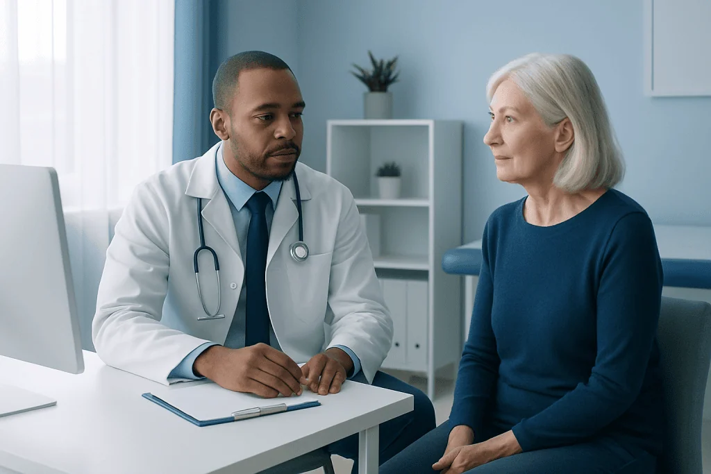 Doctor consulting with an elderly female patient in a modern medical office.