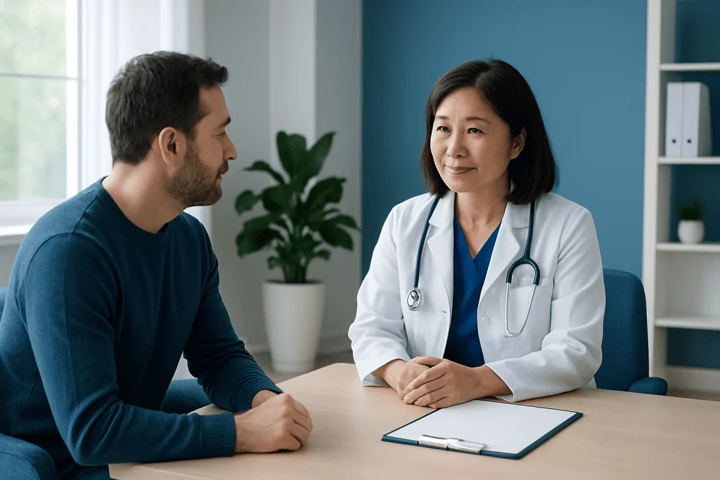 Doctor consulting with a male patient in a modern clinic setting.