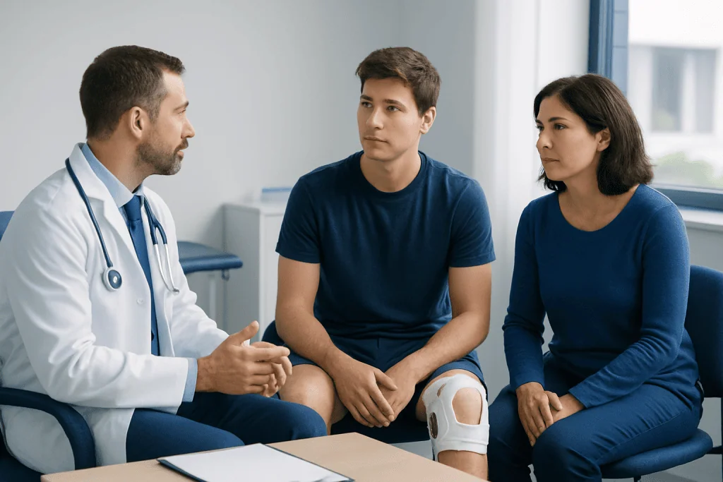 Doctor consulting with young male patient and female companion in clinic.
