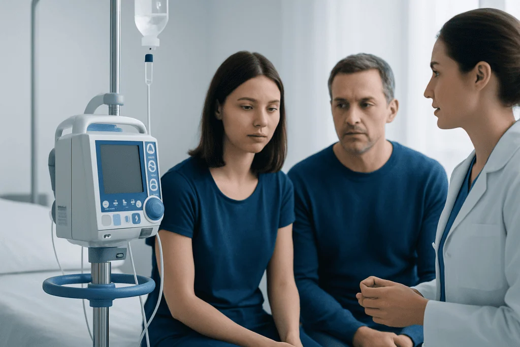 Patient and doctor discussing treatment in hospital room with medical equipment.