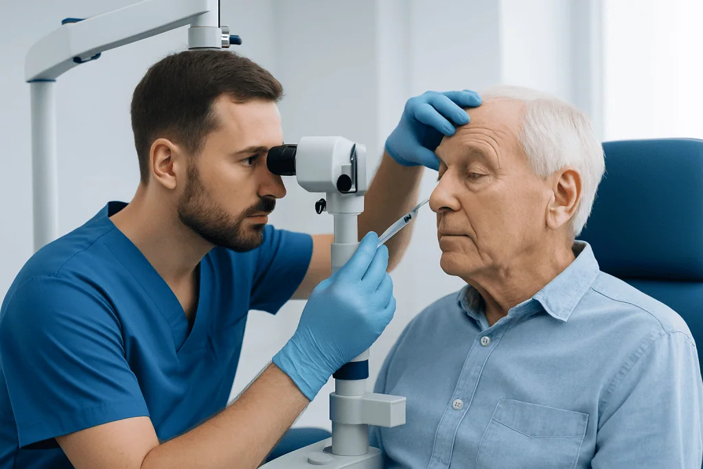 Ophthalmologist examining elderly patient's eye with slit lamp microscope.