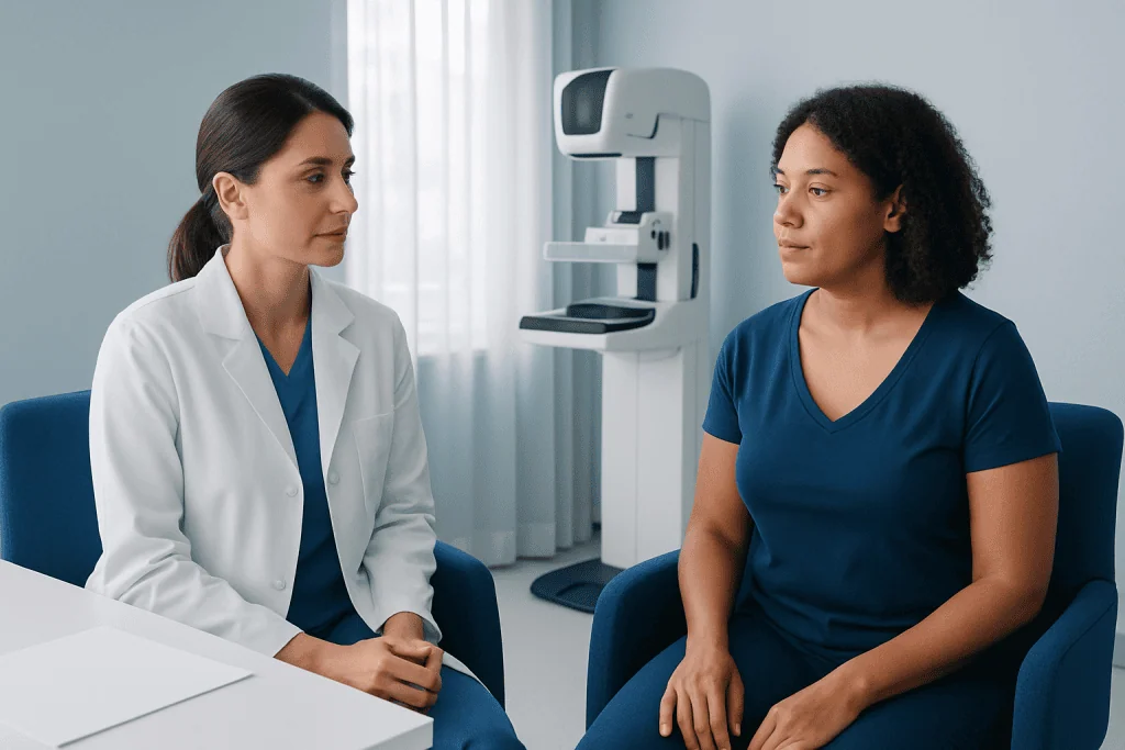 Doctor consulting with patient during mammogram appointment at Acibadem Hospital.