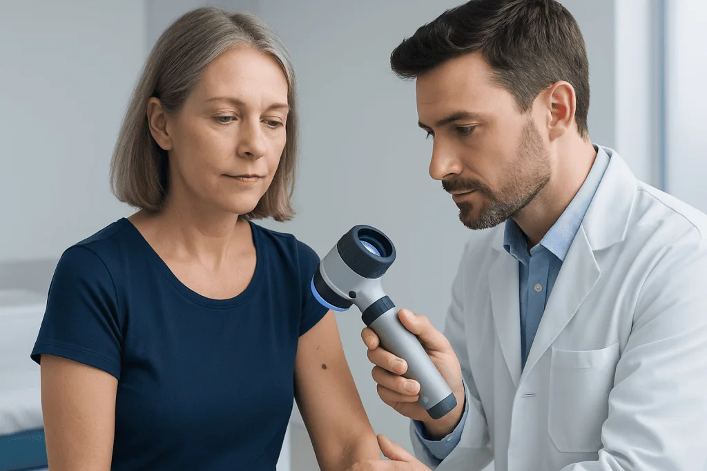 Dermatologist examines patient's skin with a dermatoscope during skin cancer screening.