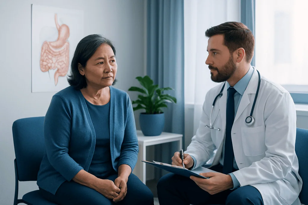 Doctor consulting with an elderly woman in a medical office.